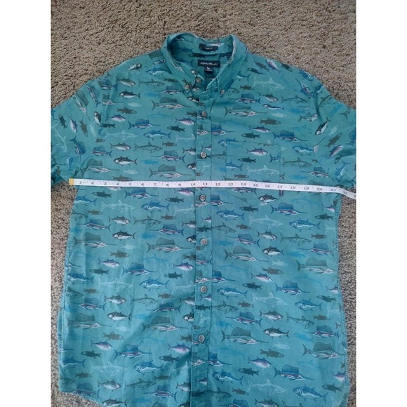 Eddie Bauer Shirt Men's Large Teal Allover Fish Print Cotton Short Sleeve - Picture 3 of 6